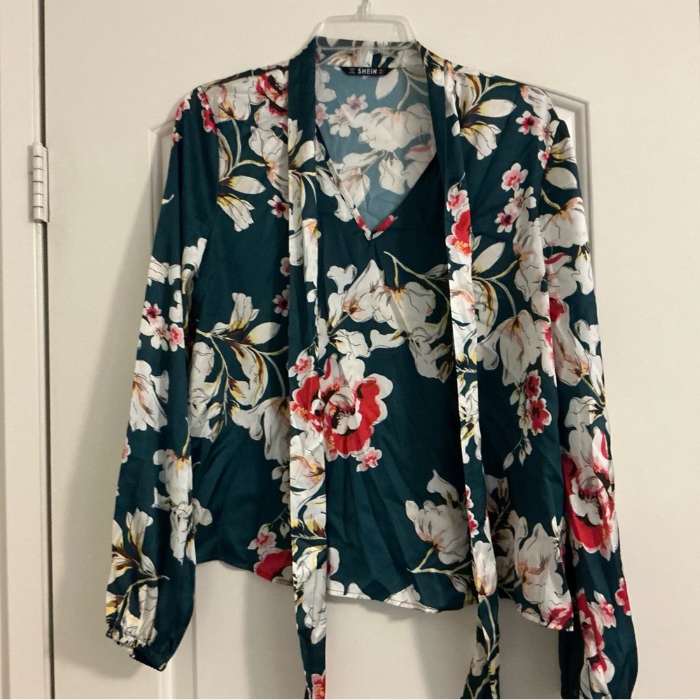 SHEIN Teal Floral Print Blouse